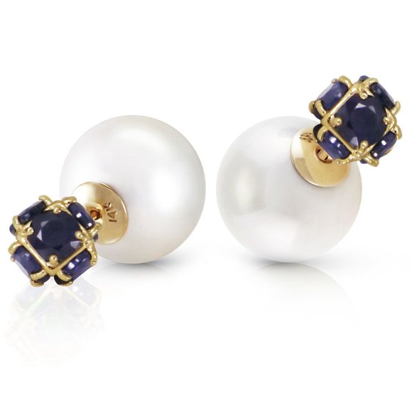 14K. GOLD TRIBAL DOUBLE SHELL PEARLS AND SAPPHIRES STUD EARRINGS (Yellow Gold) - Picture 3 of 6